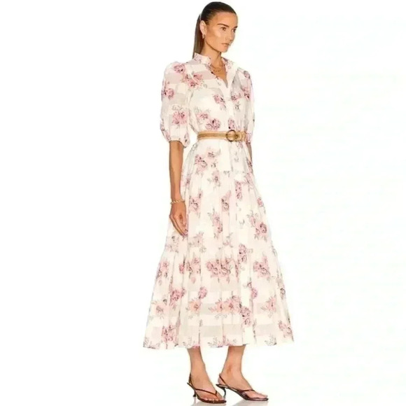 Zimmermann Rosa Midi Dress 2 US 8 M Silk Cotton Floral Stripe Tiered Belted Maxi - Picture 12 of 16